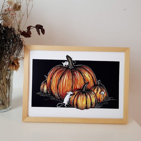 autumn art print, fancy mice art print, pet mouse art print, fancy mouse art print, pumpkin art print, fall themed art print