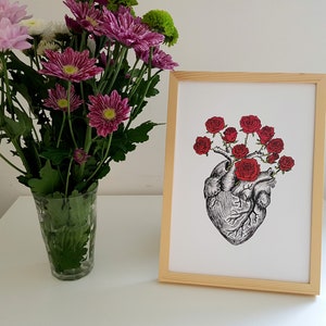 impresión de arte de corazón anatómico, impresión de arte de anatomía, impresión de arte de corazón floral, impresión de arte de corazón de flor, impresión de arte de corazón de rosa, regalo para médicos