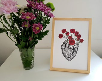 anatomical heart art print, anatomy art print, floral heart art print, flower heart art print, rose heart art print, gift for doctors