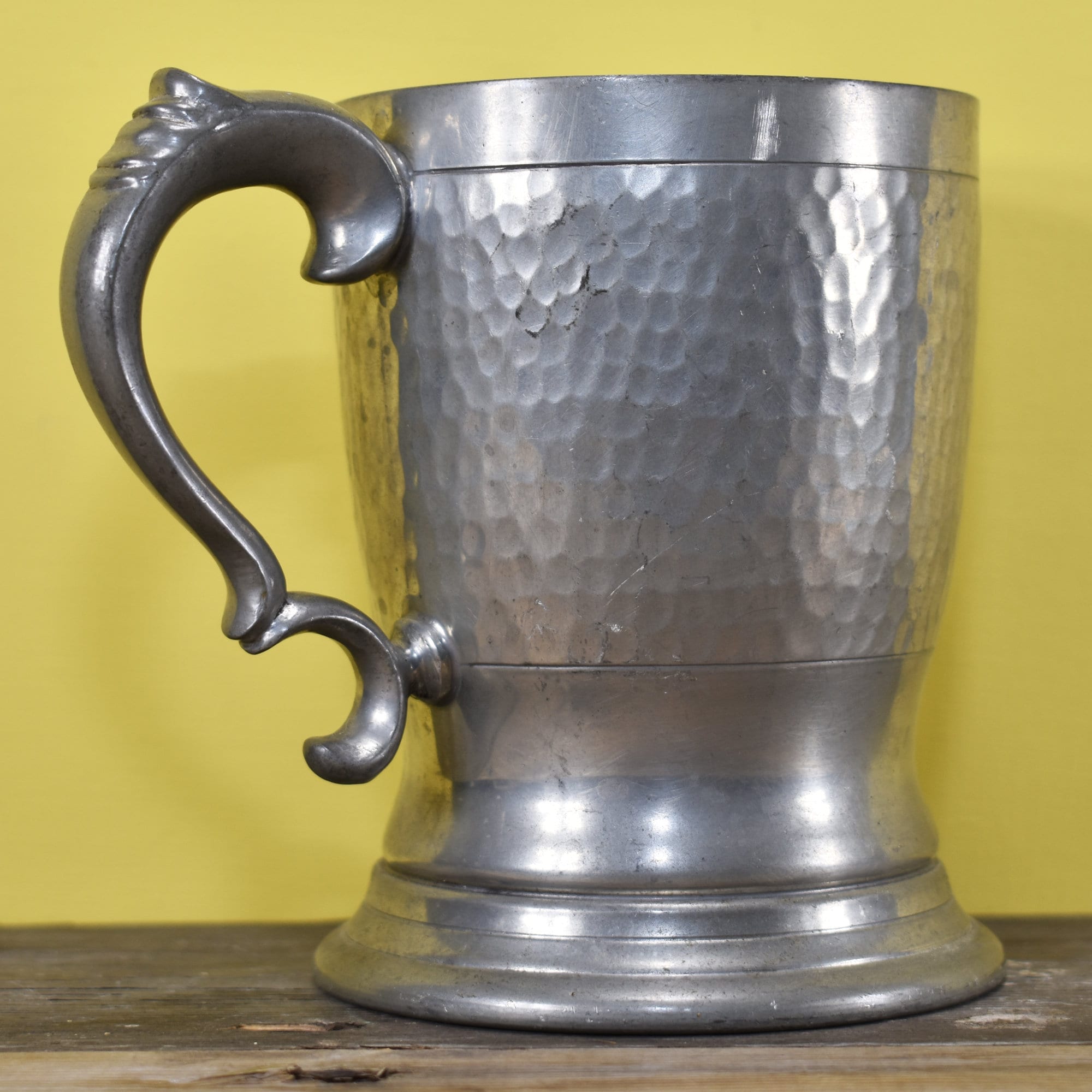 A Decorative Antique Hammered Pewter Tankard With Ornate Etsy