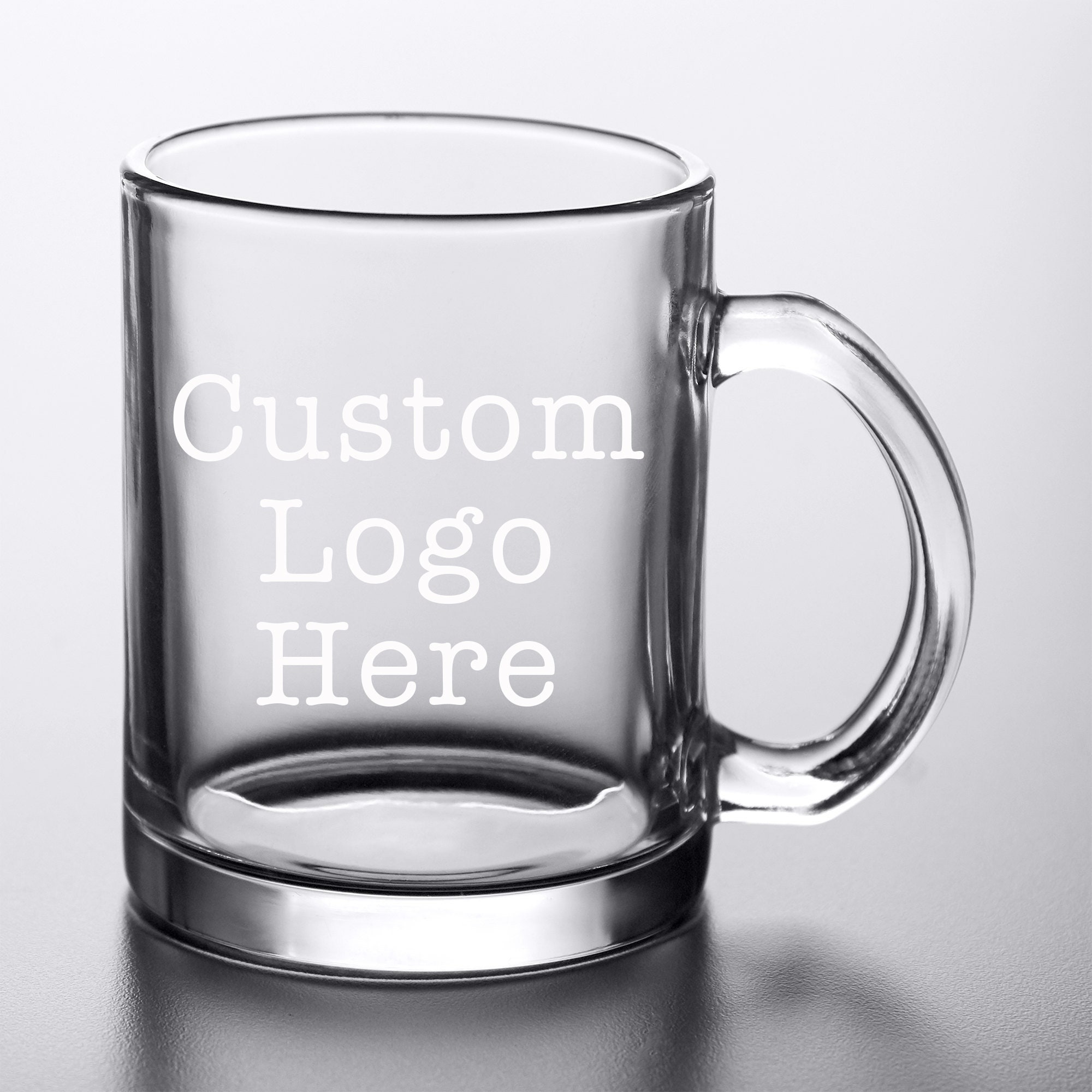 Clear Glass Coffee Mugs Engraved with Custom Logos or Artwork