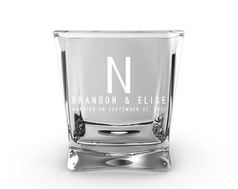 Square Whiskey Glass Engraved for The Bride and Groom - Personalized Glassware Gift for Newlyweds, Couples, Engagements