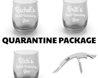 Social Distancing Stemless Wine Glass and Corkscrew Package with Personalized Name