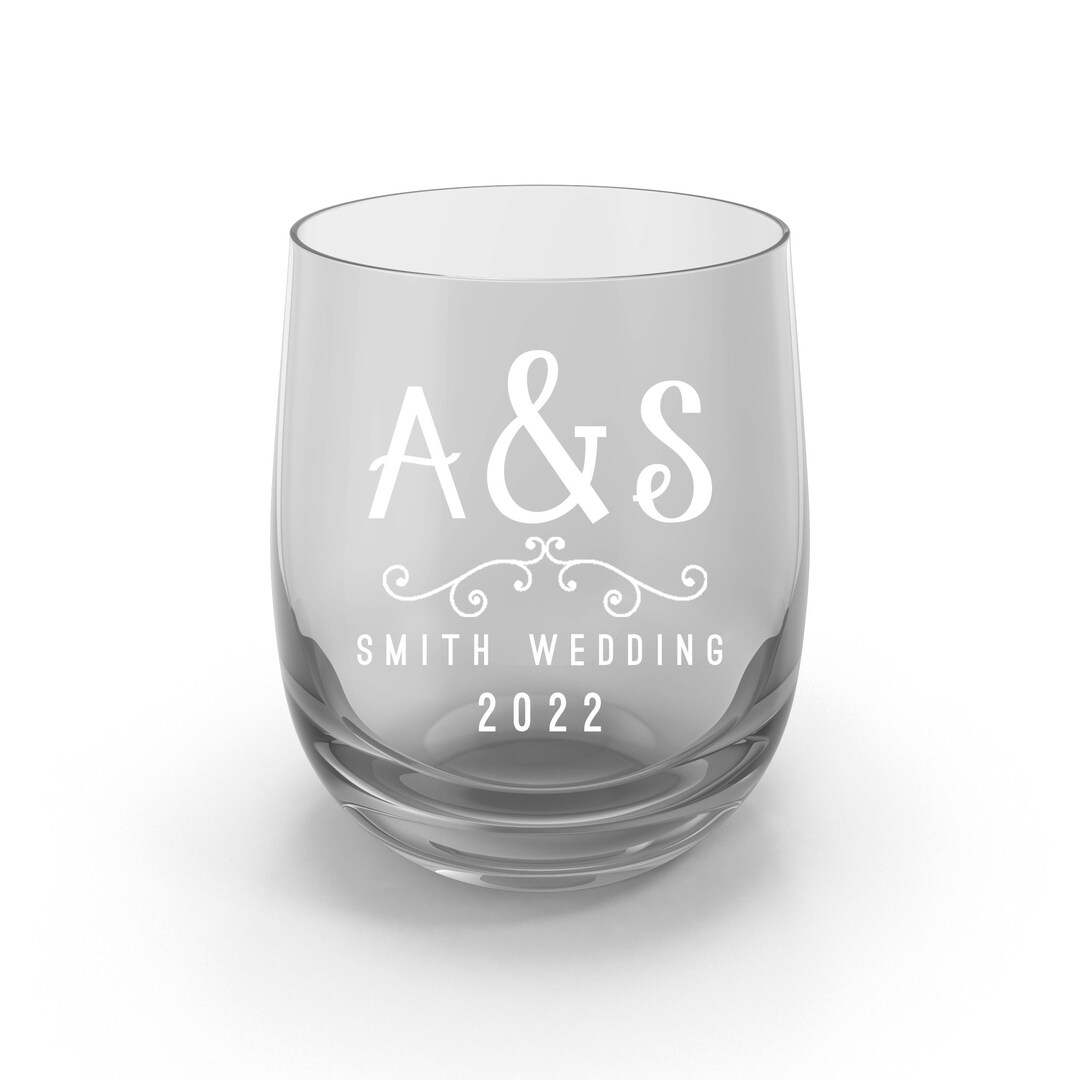 Personalized Stemless Wine Glass With Wedding Initials and Name