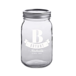 Custom Engraved 32oz Round Mason Jar Personalized With Your Family Initial – Customized Gift For The Family