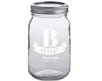 Custom Engraved 32oz Round Mason Jar Personalized With Your Family Initial – Customized Gift For The Family