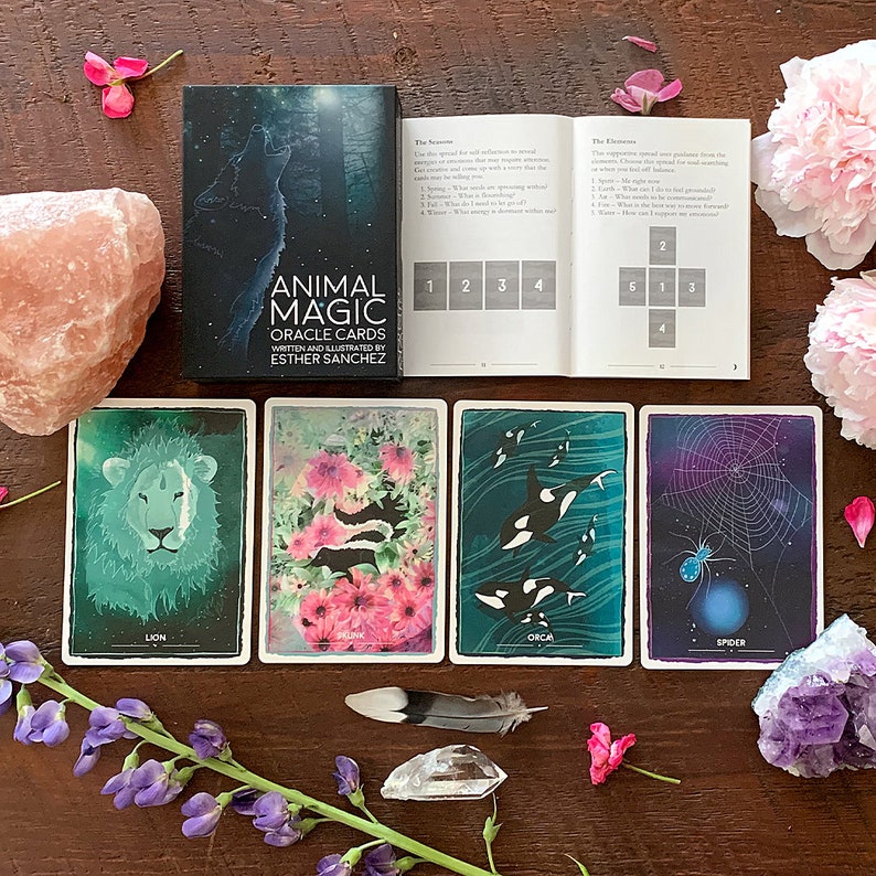 Animal Magic Oracle Cards - 4 card spread, Lion, Skunk, Orca and Spider cards