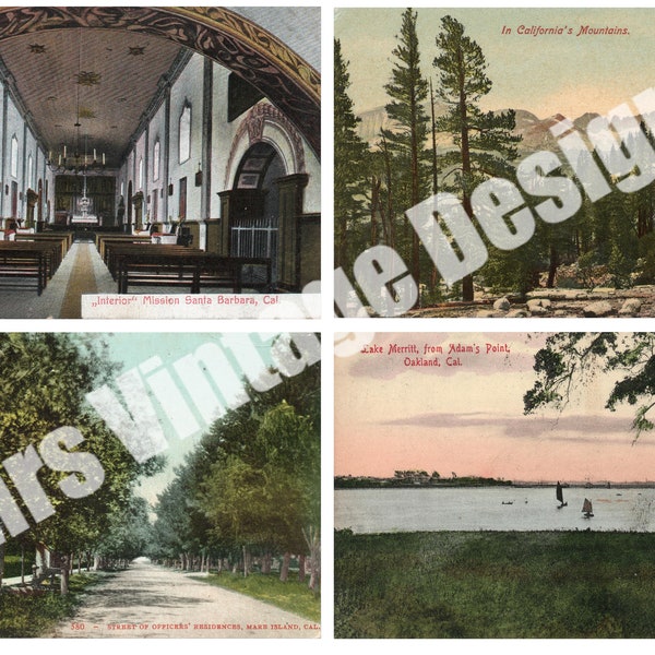 Vintage California Postcards Bundle - Printable Scrapbooking Kit, 8 Designs, 1900s-1920s, Antique DIGITAL Download