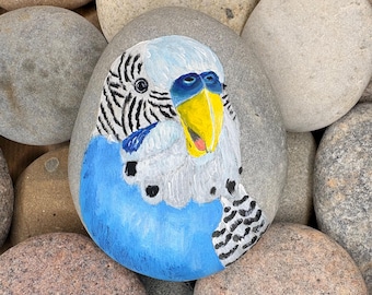 Painted stone, small gift, decoration, budgie, pet, bird