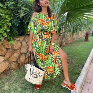 Hawaiian Pattern Dress,Green Floral Dress,Palm Tree Pattern Dress,Cotton Handmade Dress