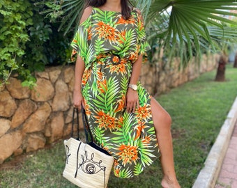 Hawaiian Pattern Dress,Green Floral Dress,Palm Tree Pattern Dress,Cotton Handmade Dress