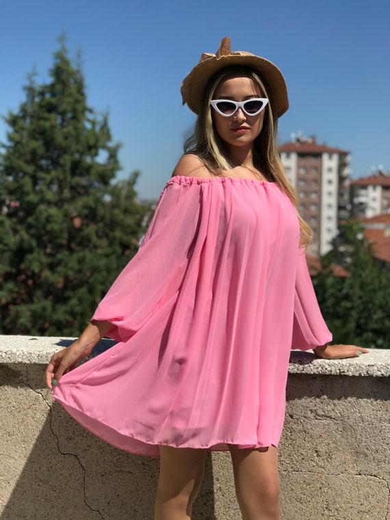 Pink off the shoulder dress long sleeve hotsell