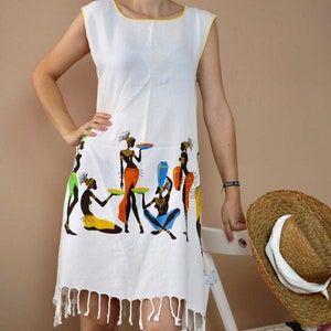 Tunic Dress,Holiday Dress, African Woman Figure, Cotton TUNIC, Linen Beach Dress, Half Sleeve Tunic Dress, African Woman Figure