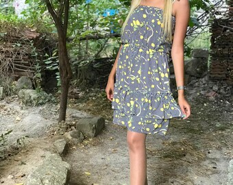 Lemon Print Dress, Mini  Frilly Dress, Cotton Dress,Casual Dress, Lace-up Dress,Gray Yellow Dress,Ruffle Dress Autumn Spring Dress,Fun Dress