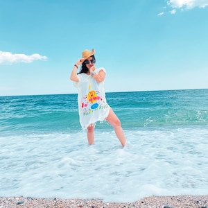 Flamingo Printed Tunic,Cotton Dress,Tasted White Dress, Beach Dress / Women&#39;s Summer Dress, Daily Wear, Short Sleeve, Spa-Beach-Sea