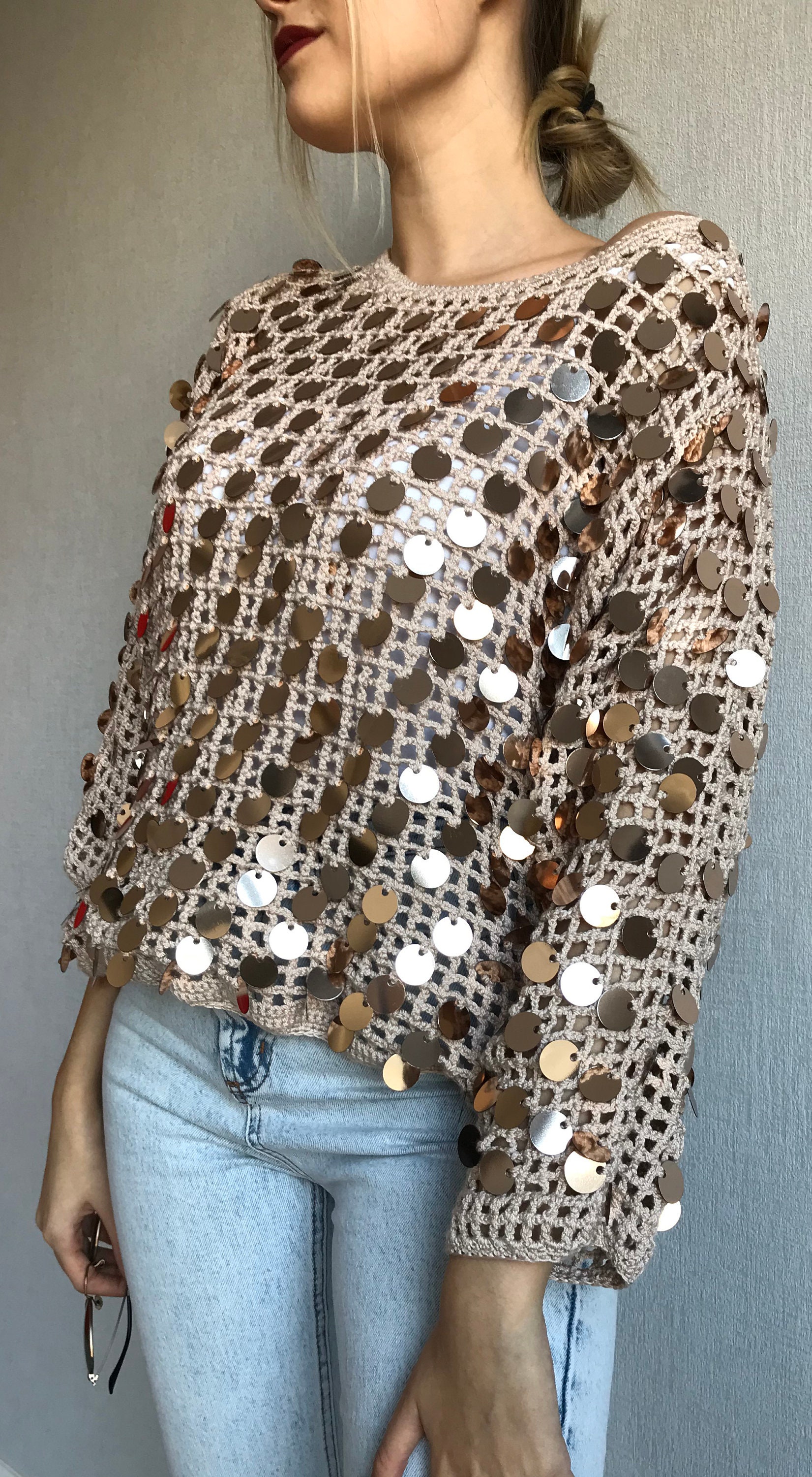Sequin Waffle-Knit Blouse