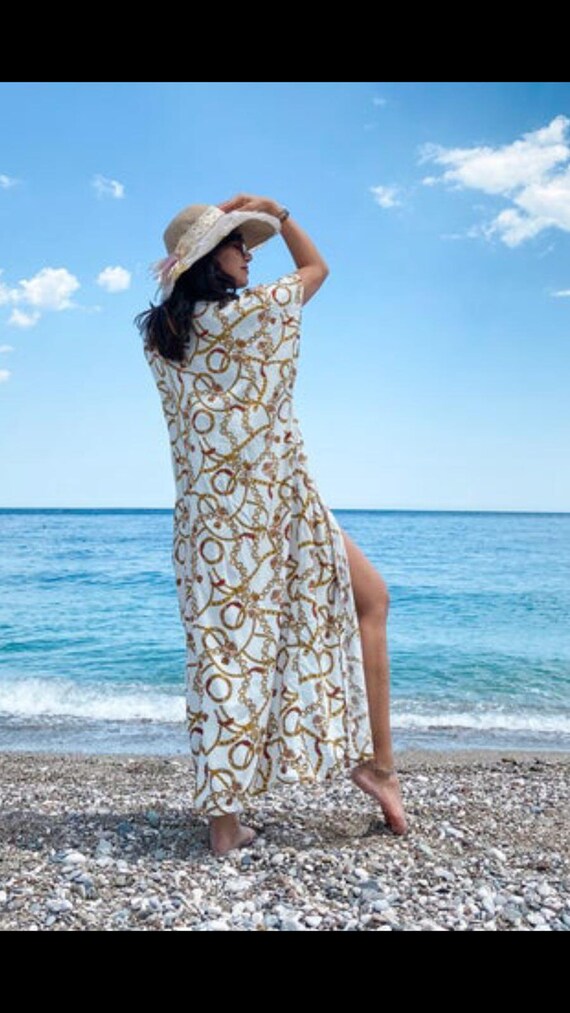 Women s Summer Kimono kaftan elegant Dress cream Color Chain Pattern Dress beach Party Dress swimsuit Top Etsy