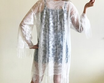 Lace Dress ,Handmade White Cotton Bathrobe / Dress, Kimono Dress, Guipure Dress, Beach Spa Sea Dress, Swimwear Top Pareo,Sun