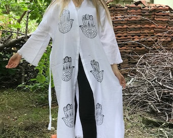 Bathrobe, Dressing gown,Ethnic Pattern Cotton Dress, Hand of Hamsa Fatima Pattern,Beach Kaftan