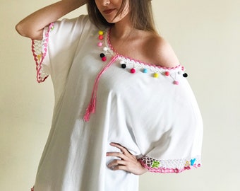 Tunic ,Summer Women's Beach Pareo Dress, Turkish Cotton Fabric, White Pareo, Colorful Pompom Embroidered White Tunic Beach,Spa