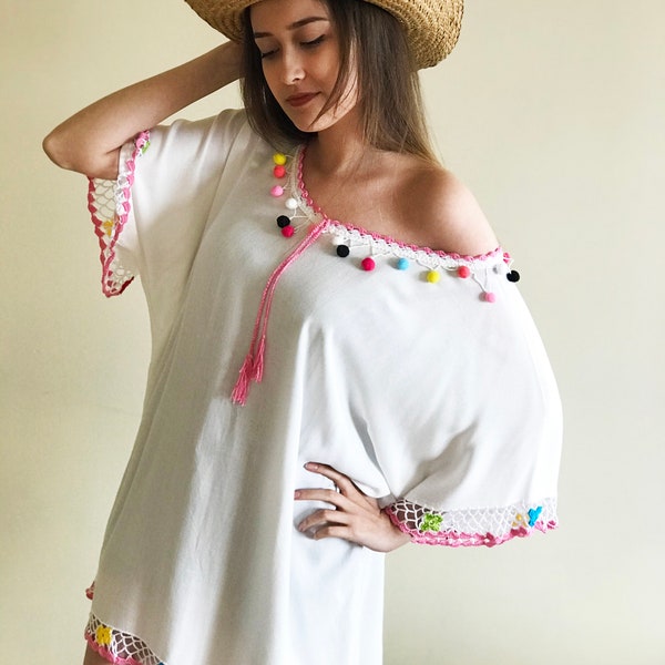 Tunique, robe paréo de plage d'été pour femme, tissu en coton turc, paréo blanc, tunique blanche brodée de pompons colorés de plage, spa