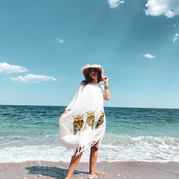 Paréo de plage, tunique à motif hibou, robe en coton, tunique, robe blanche, robe de plage, robe longue, poncho au crochet, tenue décontractée, demi-manches