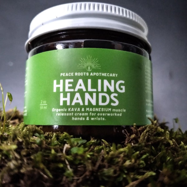 Healing Hands Organic Magnesium & Kava Muscle Relaxant Cream for sore hands, overworked hands wrists herbal hops, arnica lemon balm,