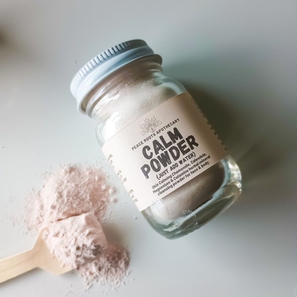 CALM dry herbal cleansing powder calendula chamomile calamine pink magnesium kaolin coconut milk acne eczema skin irritations wash mask