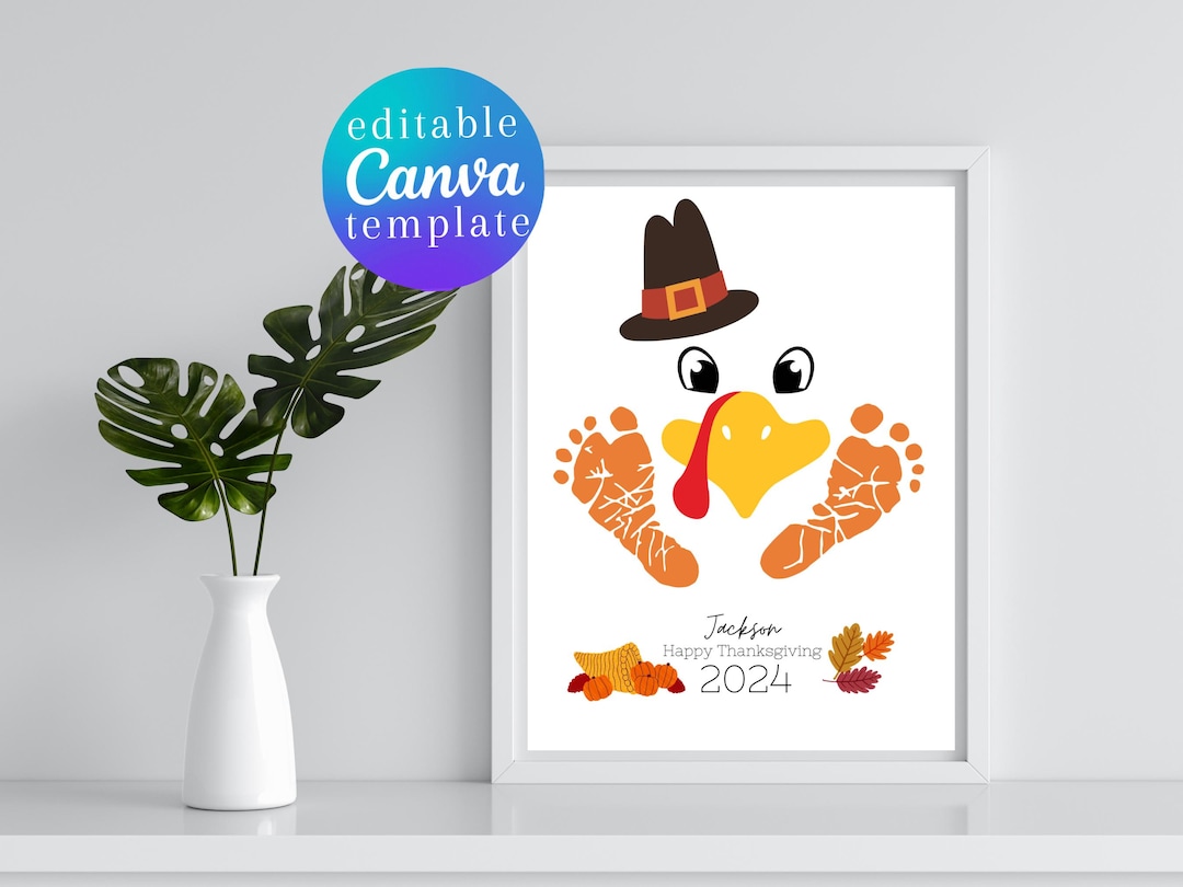 turkey footprint art: baby thanksgiving fall crafts (canva template