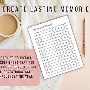 May include: A white paper with a grid for tracking deliveries, with the text "deliveries attended." The text "CREATE LASTING MEMORIES" is at the top. A cup of coffee and a pen are also in the image. The text "KEEP TRACK OF DELIVERIES..." is at the bottom.