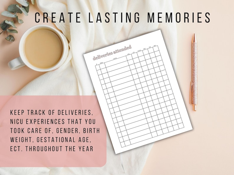 May include: A white paper with a grid for tracking deliveries, with the text "deliveries attended." The text "CREATE LASTING MEMORIES" is at the top. A cup of coffee and a pen are also in the image. The text "KEEP TRACK OF DELIVERIES..." is at the bottom.