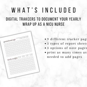 May include: A digital tracker for NICU nurses, with the text "WHAT'S INCLUDED" at the top. The tracker includes pages for gestational age and birth weight, report sheets, and note pages. The text also says "print as many times as needed to add pages."