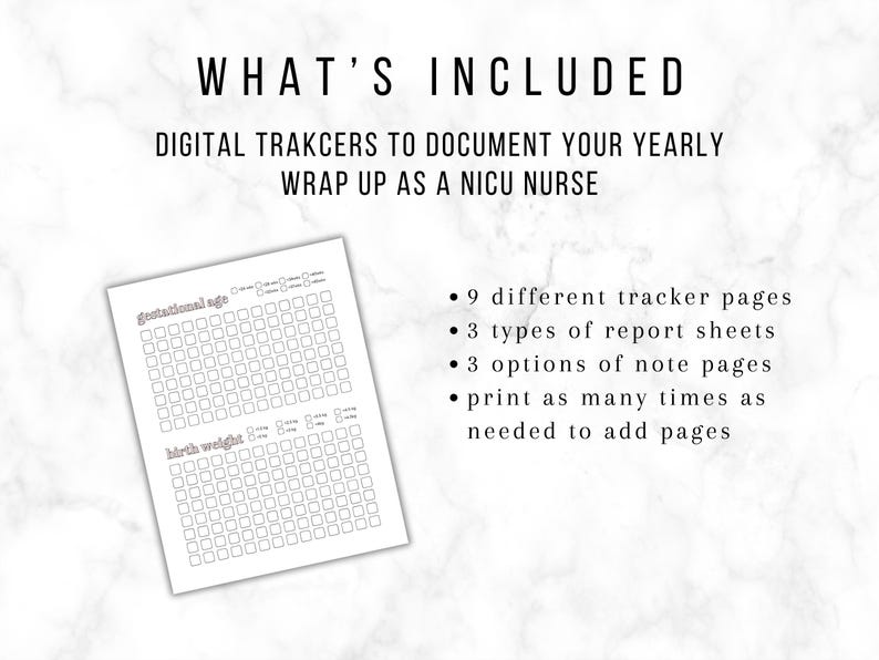 May include: A digital tracker for NICU nurses, with the text "WHAT'S INCLUDED" at the top. The tracker includes pages for gestational age and birth weight, report sheets, and note pages. The text also says "print as many times as needed to add pages."