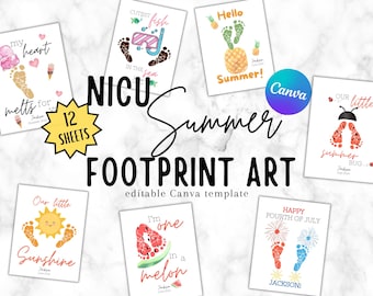 NICU Summer Footprint Art, Baby Keepsake (Canva Template)
