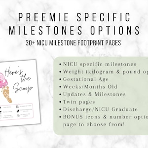 A printable footprint page with a pink ice cream cone and the text 'Here's the Scoop'. The page is designed for preemie milestones and includes options for weight in kilograms and pounds, gestational age, weeks or months old, updates and milestones, twin pages, discharge or NICU graduate, and bonus icons and number options. The text '30+ NICU Milestone Footprint Pages' is at the top of the page.