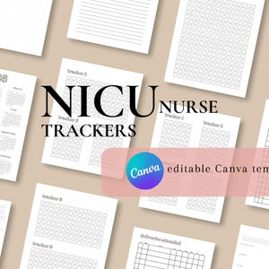 Könnte beinhalten: Eine Sammlung weißer, druckbarer NICU-Krankenschwester-Tracker und Kalender. Der Text "NICU Nurse Trackers" ist prominent dargestellt, zusammen mit einem Kalender für das Jahr "2026". Das Bild enthält auch den Text "editable Canva template".