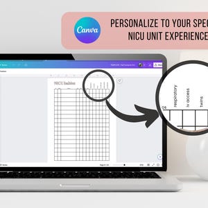 May include: A laptop displays a spreadsheet labeled "NICU babies" with columns for respiratory, IV access, twins, and transferred. The text "PERSONALIZE TO YOUR SPECIFIC NICU UNIT EXPERIENCE" is above the laptop. A Canva logo is also visible.