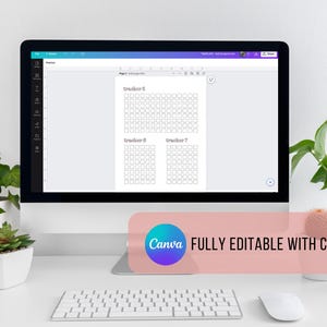 May include: A computer monitor displays a digital tracker template with multiple rows of squares. The text "tracker 5", "tracker 6", "tracker 7", and "tracker 8" are visible. A pink banner with the text "FULLY EDITABLE WITH CANVA" is at the bottom.
