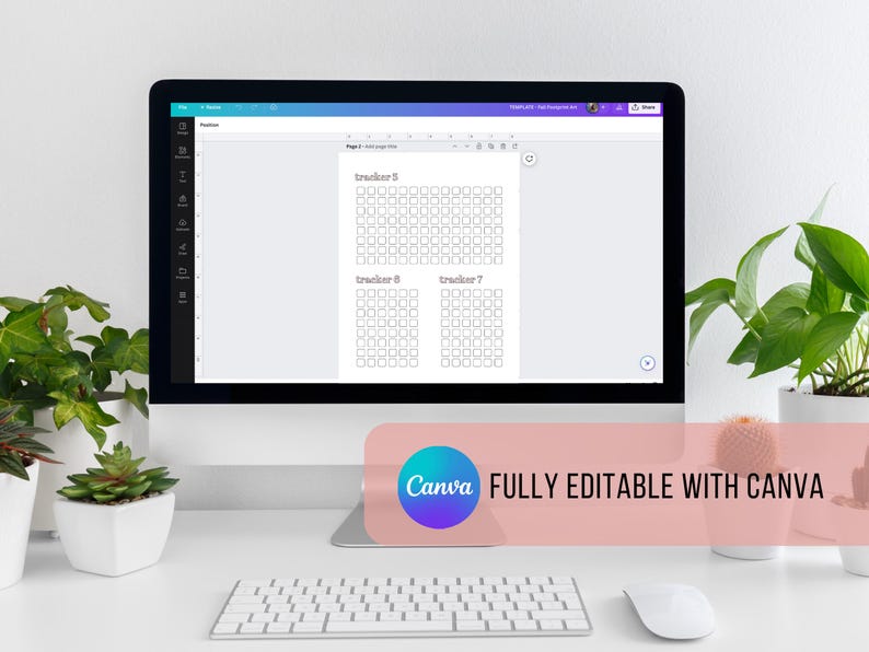 May include: A computer monitor displays a digital tracker template with multiple rows of squares. The text "tracker 5", "tracker 6", "tracker 7", and "tracker 8" are visible. A pink banner with the text "FULLY EDITABLE WITH CANVA" is at the bottom.