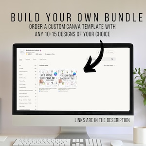 May include: A computer monitor displays a custom order page for Canva templates. The text reads "BUILD YOUR OWN BUNDLE" and "ORDER A CUSTOM CANVA TEMPLATE WITH ANY 10-15 DESIGNS OF YOUR CHOICE." The screen shows "NICU NURSE FOOTPRINT ART" and "CUSTOM ORDER FOOTPRINT ART."