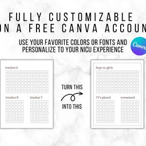May include: Image shows customizable NICU trackers. The text reads "FULLY CUSTOMIZABLE ON A FREE CANVA ACCOUNT." The trackers are designed to be personalized with favorite colors and fonts. The image includes examples of tracker layouts for tracking various aspects of the NICU experience.
