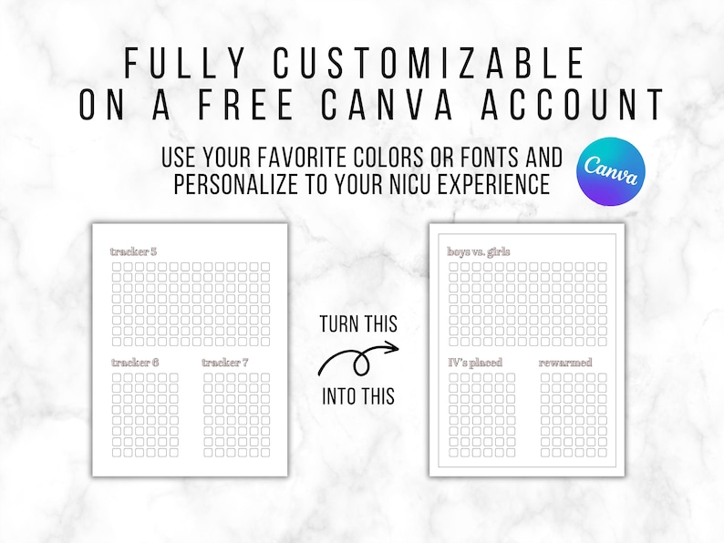 May include: Image shows customizable NICU trackers. The text reads "FULLY CUSTOMIZABLE ON A FREE CANVA ACCOUNT." The trackers are designed to be personalized with favorite colors and fonts. The image includes examples of tracker layouts for tracking various aspects of the NICU experience.