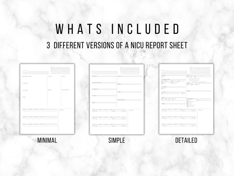 May include: Three white NICU report sheet versions are displayed against a marble background. The text "WHATS INCLUDED" is at the top. Below, the text reads "3 DIFFERENT VERSIONS OF A NICU REPORT SHEET". The sheets are labeled "MINIMAL", "SIMPLE", and "DETAILED".