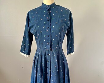 Vintage 1950s Navy with Flowers Cotton Dress