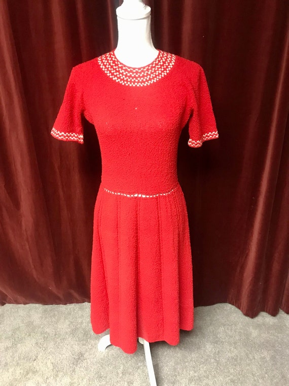 Vintage 1950's Knit Red Dress Homemade Checker Pri
