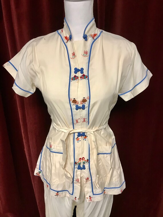 Rare Vintage 1950's Lounge Pajama Set Blouse Pant… - image 2