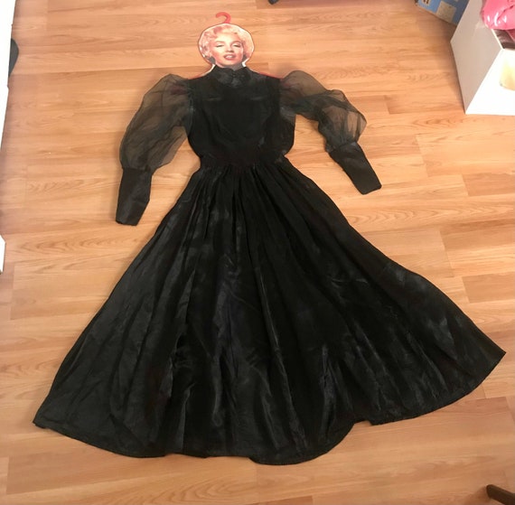 1940's Black Vamp Dress with Sheer Puffed Sleeves