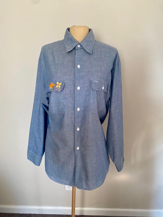 Vintage 1970s Big Mac Chambray Shirt Embroidery