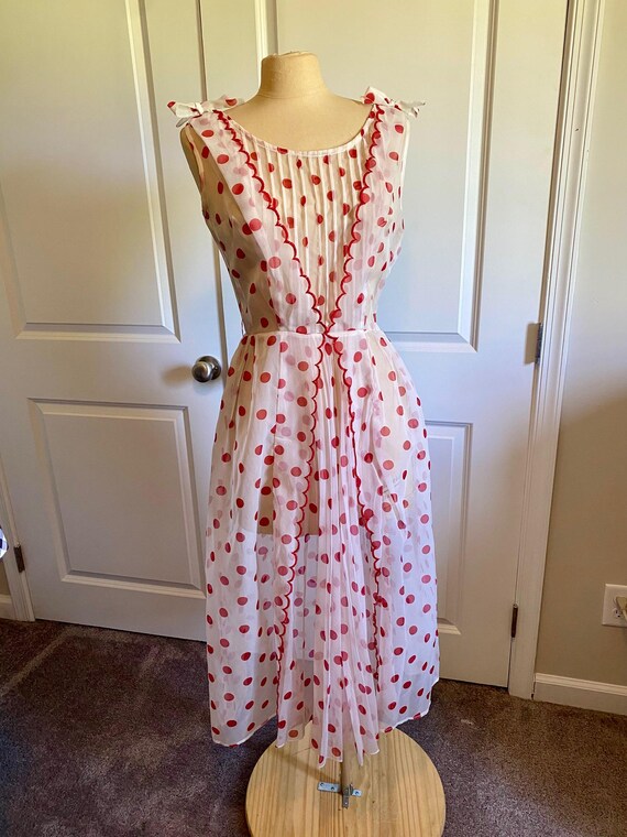 1950s Black and White Cherry Print Polka Dot Patchwork Sleeveless Vintage Dress