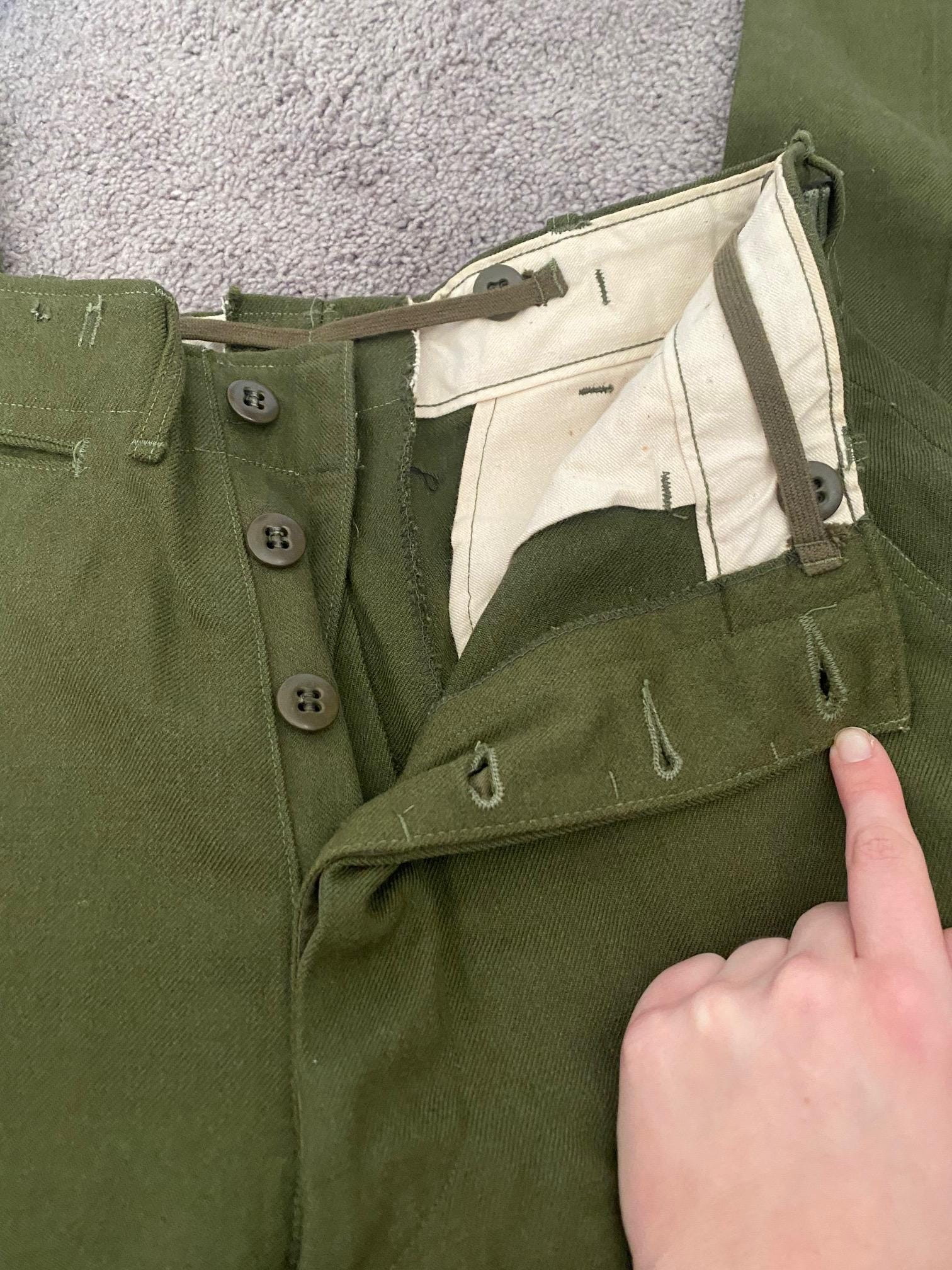 Vintage Mens Wool World War II Field Pants Trousers Green Buckles